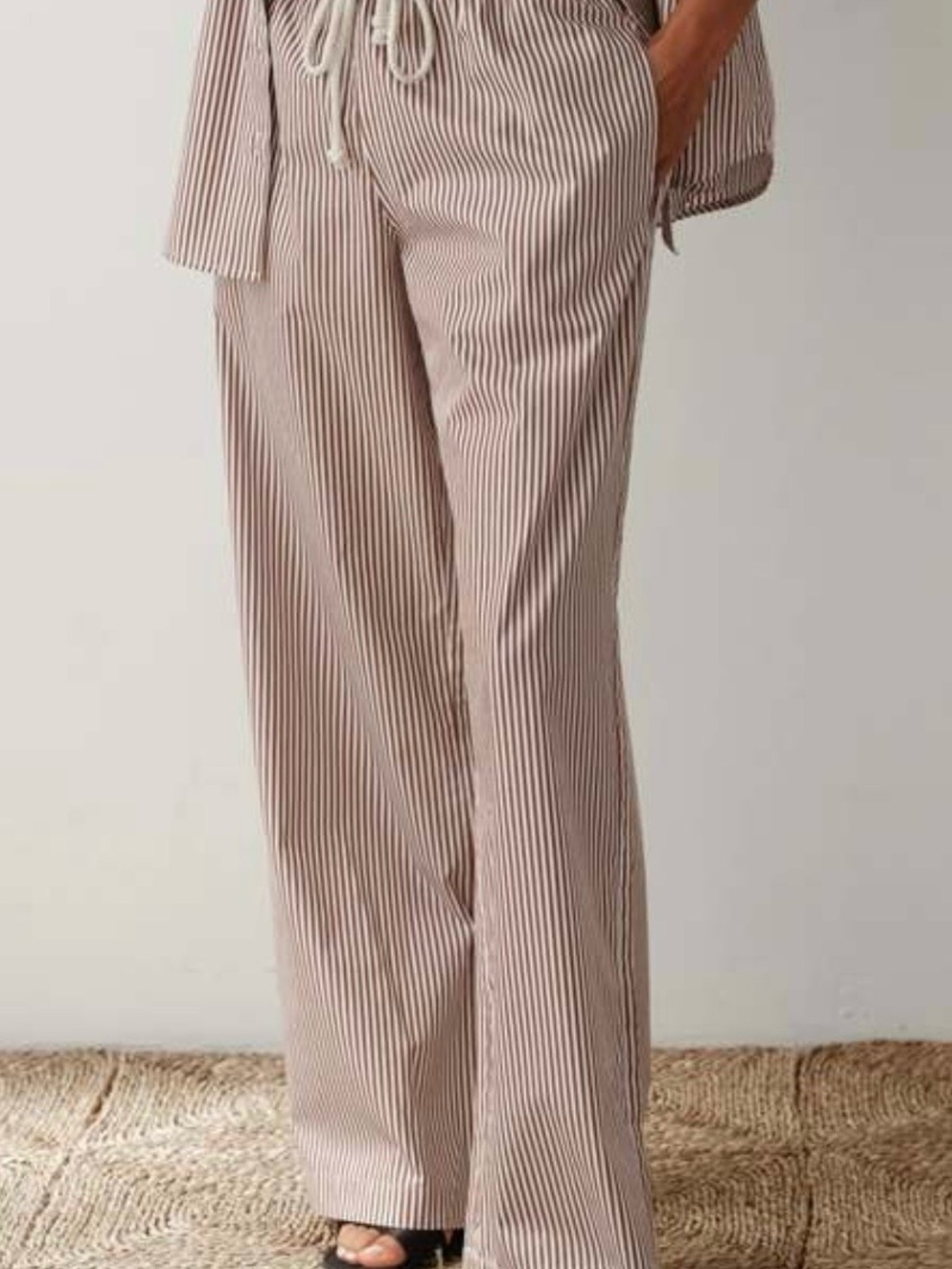 DONNI. Taupe and White Pinstripe Wide-Leg Drawstring Pants - Picture 3 of 4